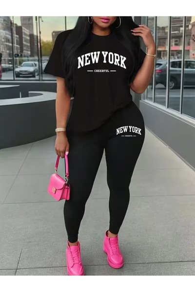 WOODROFFE Women's Newyork Printed Oversize T-Shirt Leggings Set Loose Combina...