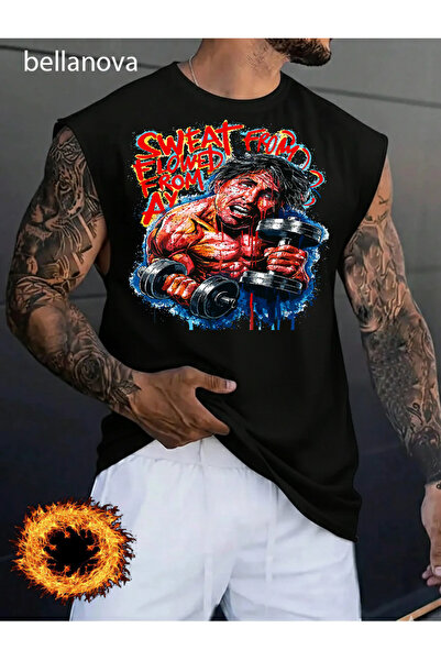 bellanova Men's Black Original Printed Oversize Cut Cotton Crew Neck Undershirt