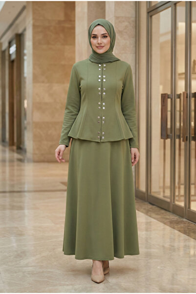 FERHEL Women's Double Snap Front Flounce Skirt Blouse Scuba Set - Khaki