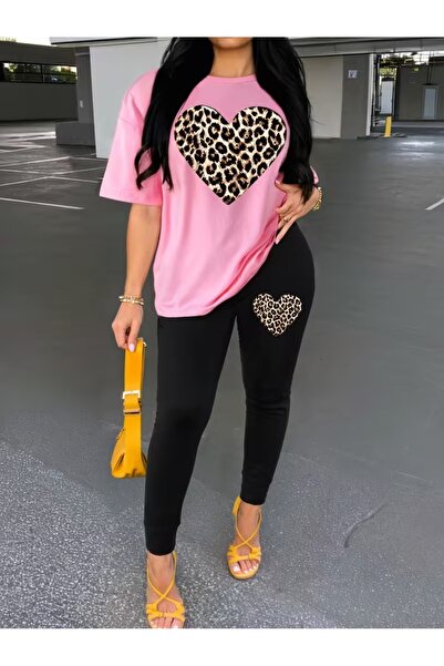 WOODROFFE Women's Leopard Heart Printed Oversize T-Shirt Leggings Set Loose C...