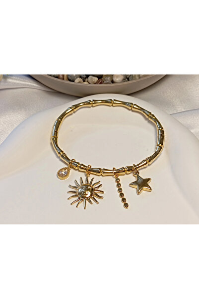 stainless steell 14 K Kaplama Güneş ve Yıldız Charm Detaylı Kelepçe