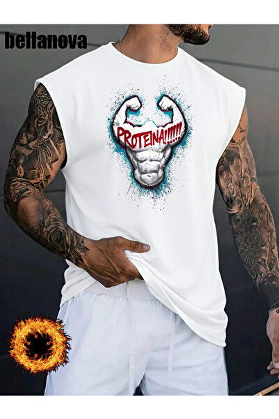 bellanova Men's White Printed Oversized Cut Cotton Crew Neck Undershirt