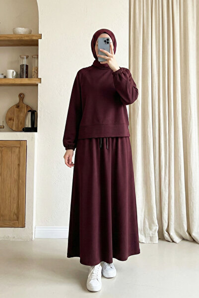 MODAQU Σετ μπλούζας και φούστας με ελαστική μέση και μανίκια νυχτερίδας, μπορντό