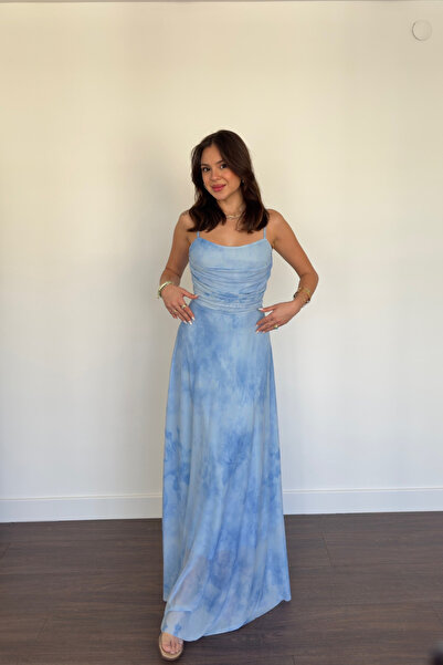 Grtrend Batik Desen Askılı Elbise-Mavi