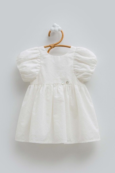 Caramell Balon Kollu Embroidered Dress Ecru