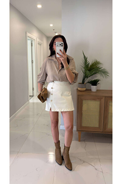 BİRCANÇİL Nerwa Ecru Gold Buckle Detailed Short Skirt