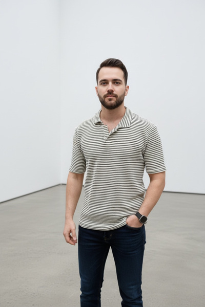 NERA GİYİM Men's Striped Polo Collar Jacquard T-Shirt