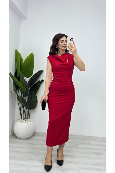 TUNAM BUTİK 282744 Off-Shoulder Side Drape Detailed Midi Dress Red