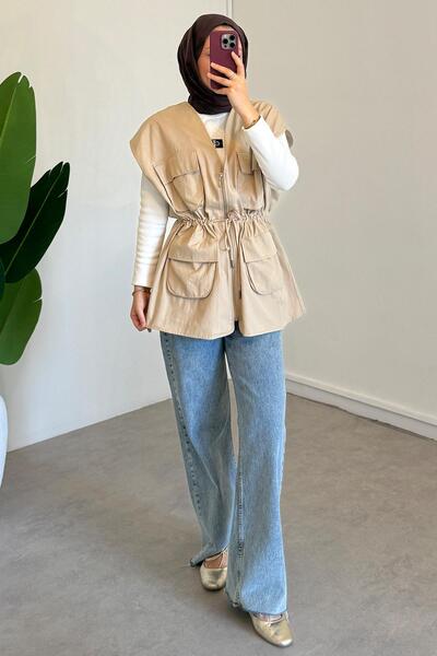 SİNDAL Gabardin Cepli Yelek - Bej