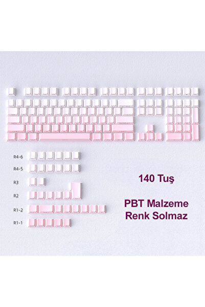 silabor Gradient 140 Tuşlu PBT Klavye Tuş Takımı Pembe Yan Baskılı Arka Aydın...