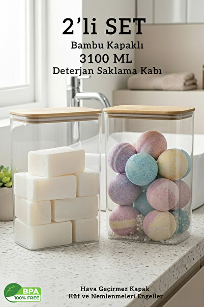 FİTHOME Bambu Kapaklı Dikdörtgen Büyük Boy Hava Almaz Deterjan Tablet Saklama...