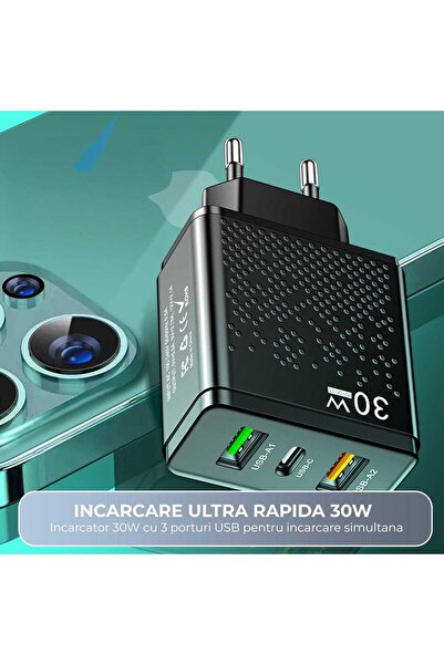 Timebox Încărcător de telefon LED 30W, 2 porturi USB și PD tip C, negru