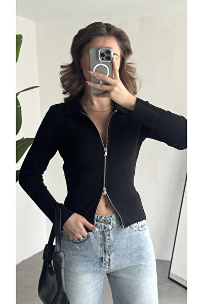 asfamoda Women's Black Ribbed Knitwear Cardigan with Zipper, Polo Collar, Bas...