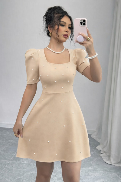 Deafox Beige Short Sleeve Square Neck Pearl Detail Mini Crepe Fabric Dress