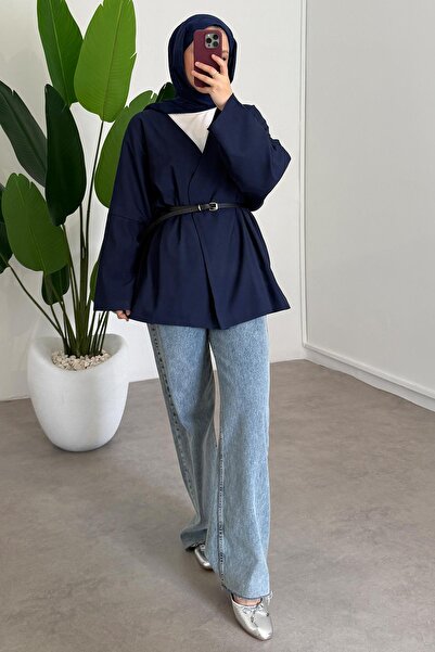 SİNDAL Deri Kemerli Kimono - Lacivert