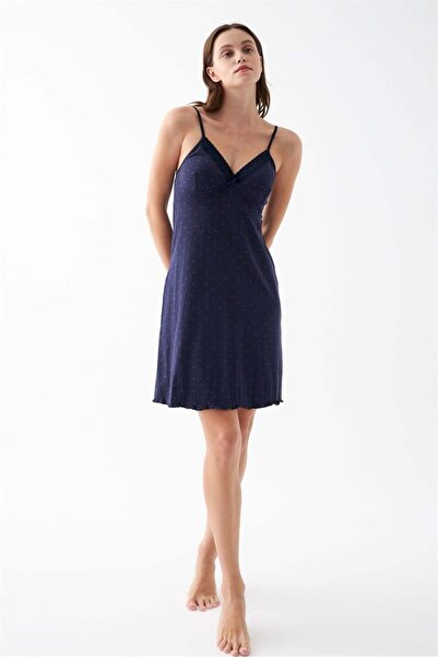 modaserdem Mdsrdm Women's Navy Blue Polka Dot Lace Detailed Rope Strap Nightgown