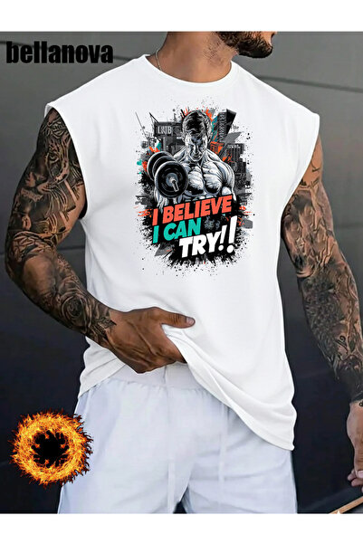 bellanova Men's White Printed Oversized Cut Cotton Crew Neck Undershirt