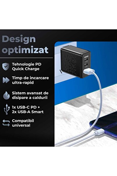 Timebox Încărcător de telefon LED 30W, 2 porturi USB și PD tip C, negru