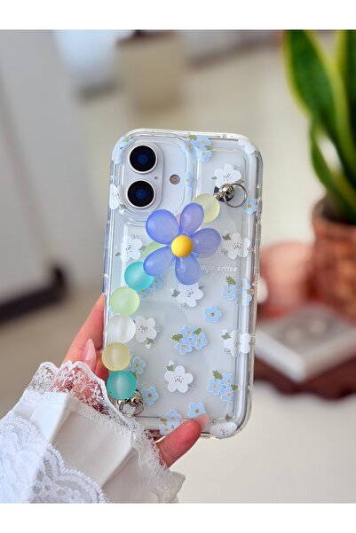 Go Aksesuar Iphone 16 Uyumlu Tutacaklı Mavi Çiçek Tasarımlı Oyuncaklı Esnek S...