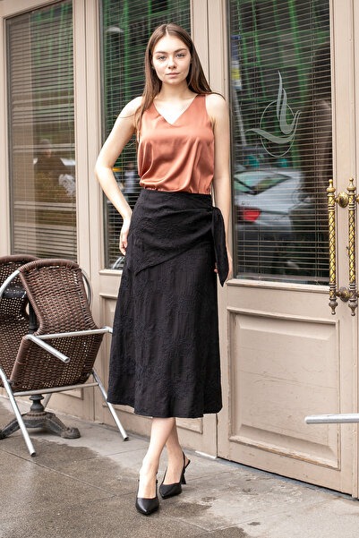 Jument Fusta de damă cu talie înaltă, brodată, cu șireturi, lungime midi, sub...