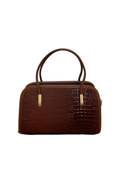 GIG Minimalist Croco Patterned Women's Hand and Shoulder Bag with Gold Detail and Thin Handle