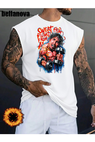 bellanova Men's White Printed Oversized Cut Cotton Crew Neck Undershirt