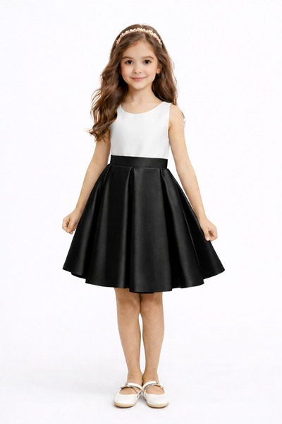 nsmkidslife Kız Çocuk Beyaz / Siyah Pileli Saten 23 Nisan ,29 Ekim , Mezuniye...