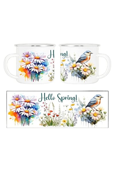 OEM Enamel Mug 350 ml, Spring Watercolor Design, "Hello Spring!"