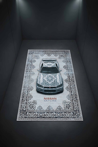 Pixel Dizayn Nissan Skyline GTR34 Vintage Eskitme Gri Otantik Desenli Şönil Halı