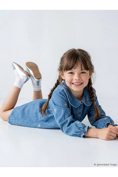 LC Waikiki LCW Kids Indigo guler tip Peter Pan Rochie din denim brodată pentr...