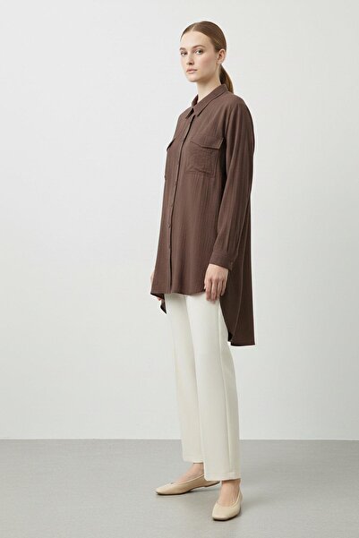 Puane Women's Long Buttoned Double Pocket Oversize Shirt Brown 10759