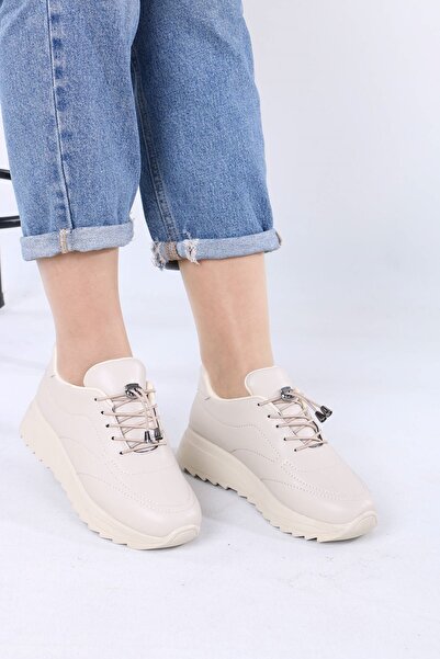 sefayol Lanton Beige Matte Leather Lace-Up Women's Casual Sports Shoes