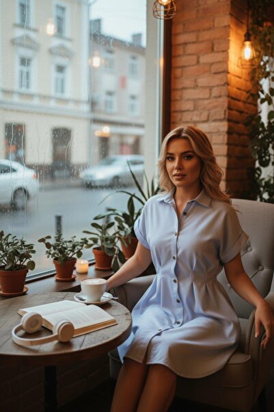 Mossta Trikoton Button Detailed Mini Shirt Dress - Blue