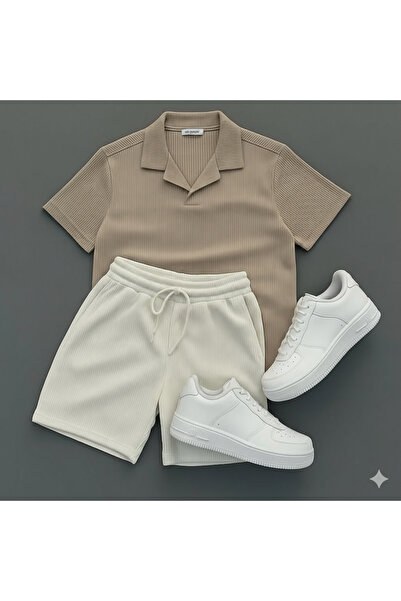 thefun fashion طقم تي شيرت وشورت رجالي من القماش العثماني المنسوج بفتحات تهوي...