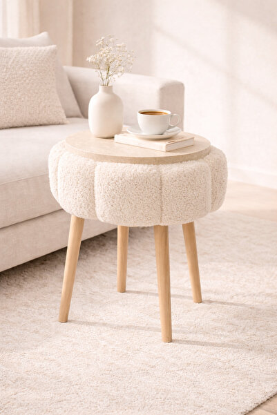 DEKOR MOBİLYACIM Flora 44 cm Çiçek Formlu Puf Dekoratif Ahşap Ayaklı Oturma v...