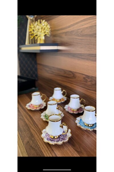pofidikhobi 6 Kişilik Bahar Renkli Porselen Kahve Fincan Takımı Gold kenarlı