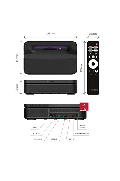 THOMSON Sirius Laser FHD Google TV Projeksiyon | 600 ANSI Lümen, 4K Destekli, 100” Taşınabilir