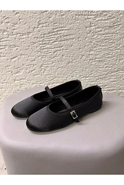 Beyond Balerini de damă din satin negru cu cataramă elegantă, 1 cm BYNDSTNB01