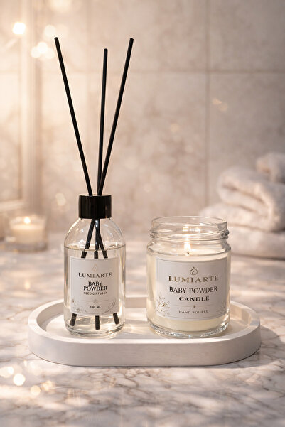 Lumiarte Pudra Kokulu Mum 200 ml + Pudra Çubuklu Oda Kokusu 100 ml + Tepsi 3’...