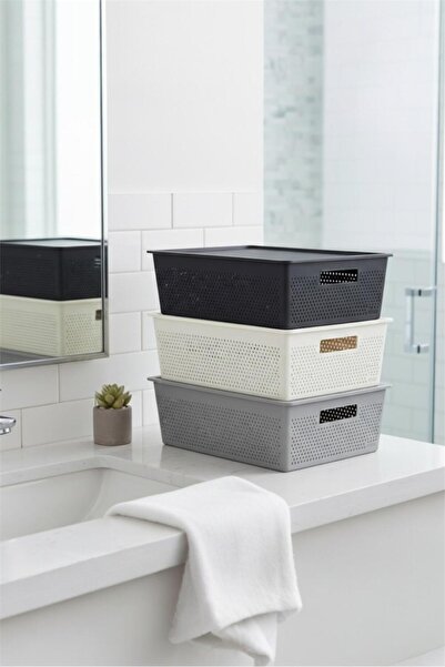 Bayev Grid 3 Pieces Mix 12 Liter Organizer Box with Lid - In-Cabinet Organize...