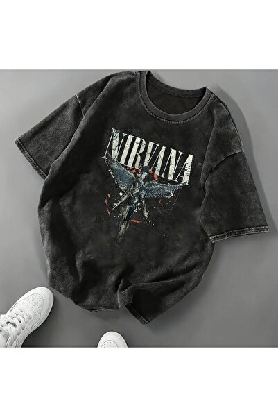 Mella&Co Füme Yıkamalı Oversize T-shirt Japon Samuray Kedi Baskılı Vintage St...