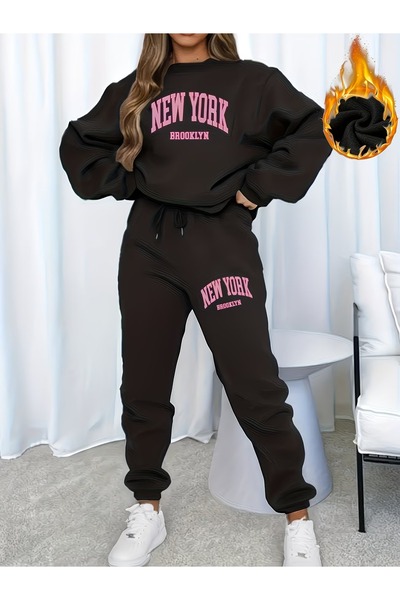 ship master New York Brooklyn Printed Black Women's Tracksuit Set 100% Cotton...