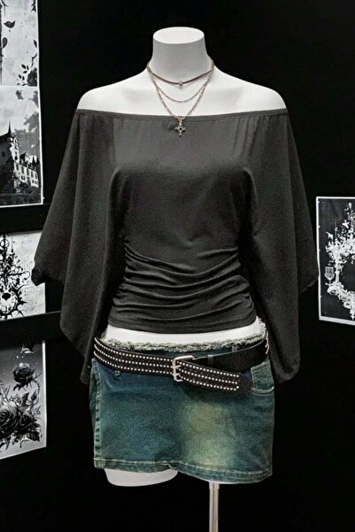 BALİNA Madonna Collar Bat Sleeve Plain Y2K Long Sleeve Crop