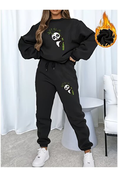 ship master Panda Printed Black Women's Tracksuit Set 100% Cotton Shredded Co...