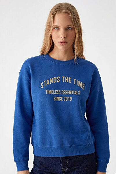 COMBİNE MİCHAİL Women's Time Text Printed Blue Sweatshirt