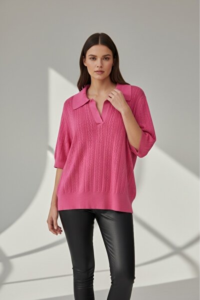 Forest Polo Collar Openwork Short Sleeve Slim Knit Sweater