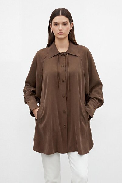 Puane Women's Shirt with Collar, Front Buttons and Lace Detail, Brown 10772