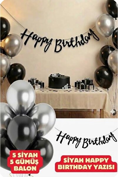 Çemrek Süs Parti Black Happy Birthday Lettering and Balloon Set 11 Pieces