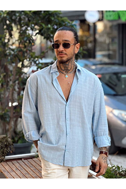 manch collection Oversize Wide Striped Linen Shirt Baby Blue