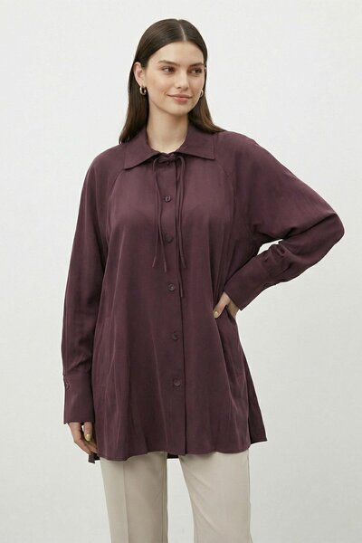 Puane Women's Shirt with Collar, Front Buttons and Lace Detail, Bordo 10772